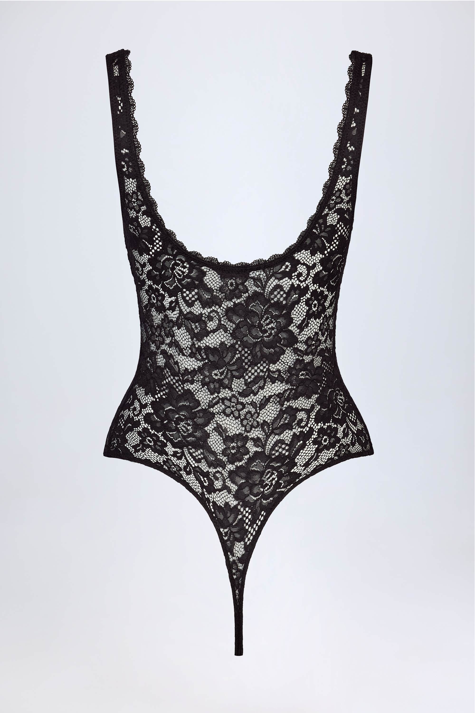 Sheer Lace Scalloped Plunge-Neck Bodysuit in Black